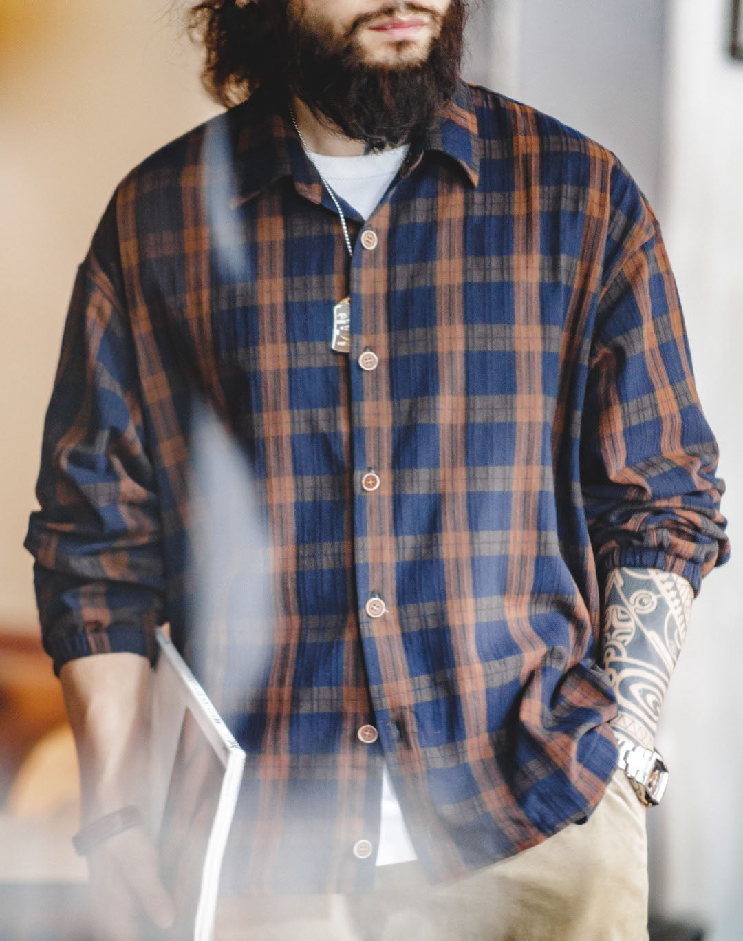 American Retro Plaid Texture Sense Drawstring Loose Men's Shirt - Harmony Gallery