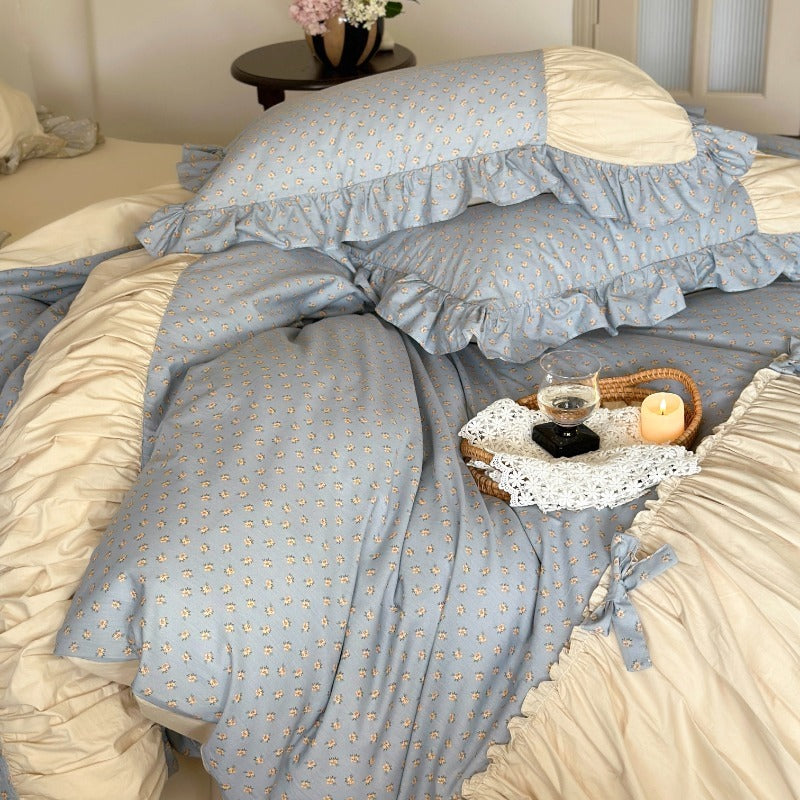 French Floral Princess Pure Cotton Pleated Skirt Four-Piece Bed Set - Harmony Gallery