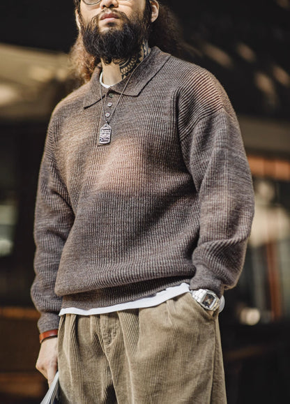 American Retro Knitted Polo Loose Wool Pullover Men's Sweater - Harmony Gallery