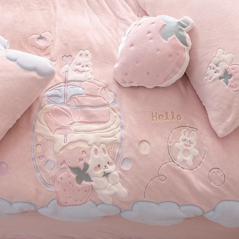Cute Cartoon Rabbit Double-Sided Coral Velvet Warm Four-Piece Bed Set - Harmony Gallery