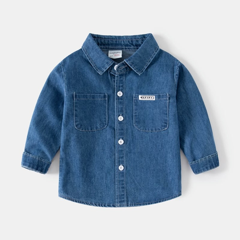 Autumn Long-Sleeved Washed Denim Square Collar Boy's Shirt - Harmony Gallery