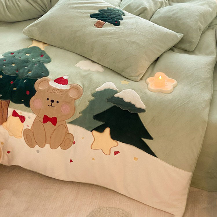 Christmas And Winter Four-Piece Coral Velvet Cute Cartoon Bed Set - Harmony Gallery