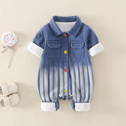 Long-Sleeved Denim Spring and Autumn Full Moon Baby Boy's Romper - Harmony Gallery