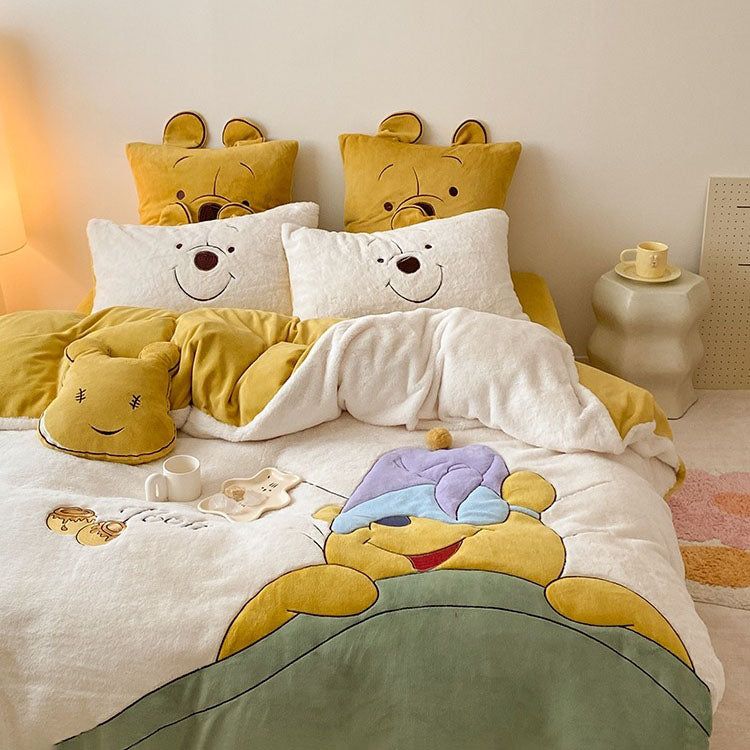 Winnie The Pooh Thickened Coral Velvet Winter Four-Piece Bed Set - Harmony Gallery