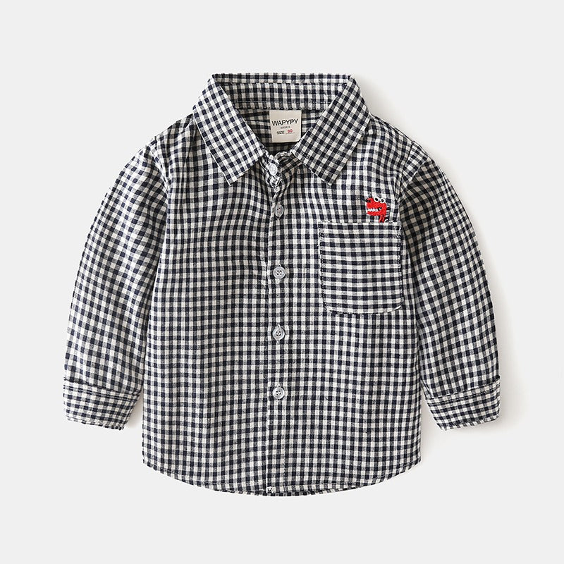 Spring and Autumn Plaid White Cotton Embroidery Dinosaur Boy's Shirt - Harmony Gallery