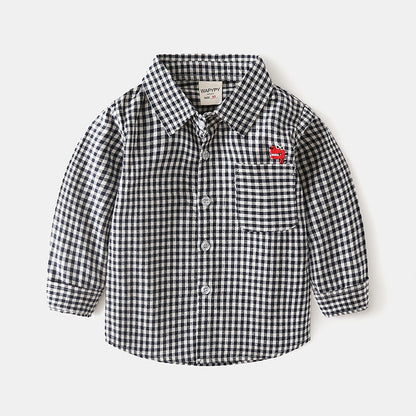 Spring and Autumn Plaid White Cotton Embroidery Dinosaur Boy's Shirt - Harmony Gallery