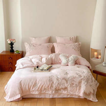 Heart Butterfly Embroidery Warm Coral Velvet Four-Piece Bed Set - Harmony Gallery