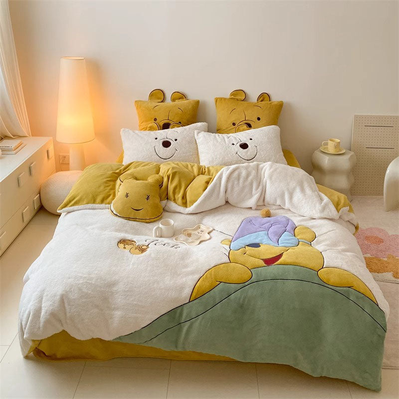 Winnie The Pooh Thickened Coral Velvet Winter Four-Piece Bed Set - Harmony Gallery