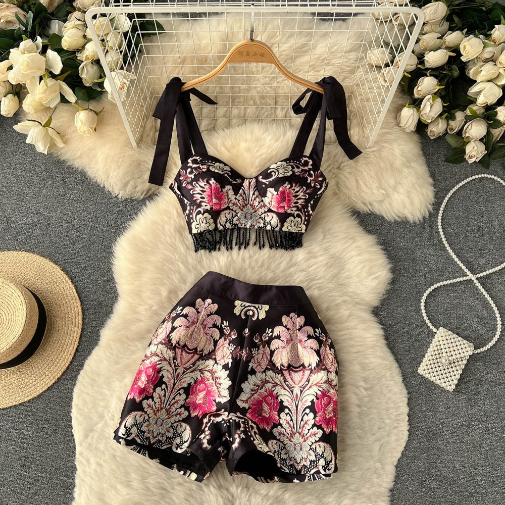 Spring & Summer Retro Printing Strappy Fringed Women's Two-Piece Suit - Harmony Gallery