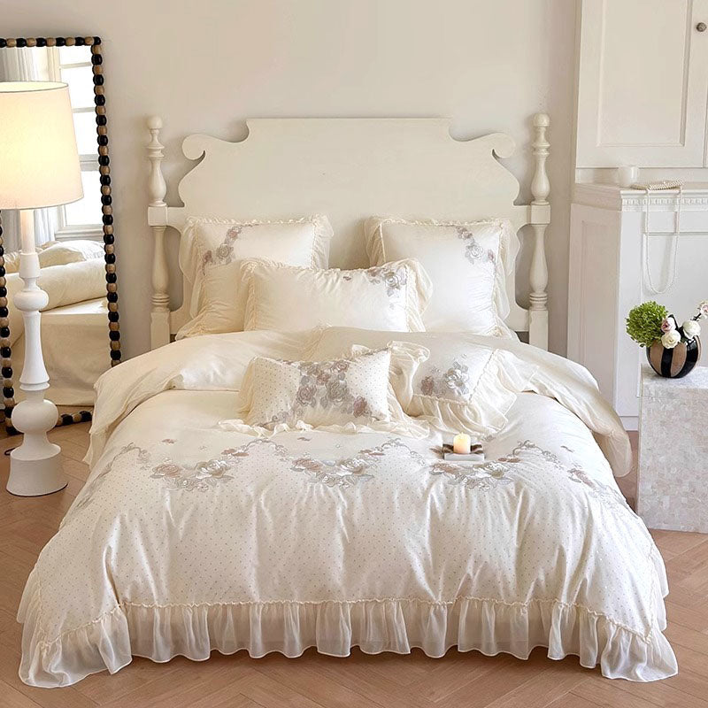 French Princess Cotton Floral Embroidery And Ruffles Four-Piece Bed Set - Harmony Gallery