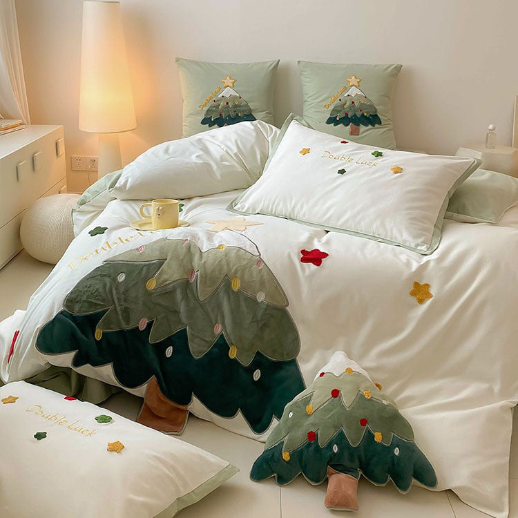 Wish Tree Brushed Towel Embroidered Cotton Warm Four-Piece Bed Set - Harmony Gallery