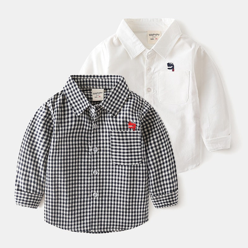 Spring and Autumn Plaid White Cotton Embroidery Dinosaur Boy's Shirt - Harmony Gallery