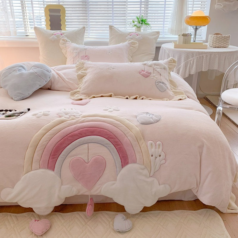 Princess Rainbow Heart Cartoon Cute Coral Velvet Four-Piece Bed Set - Harmony Gallery