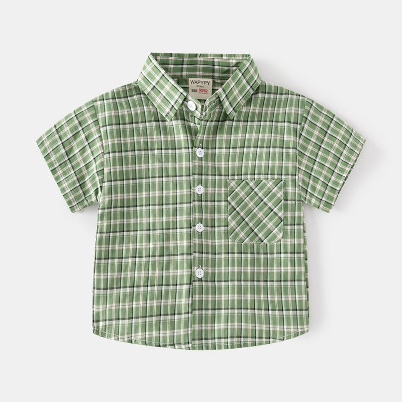 Short-Sleeved Summer Plaid Casual Square Collar Baby Boys Shirt - Harmony Gallery