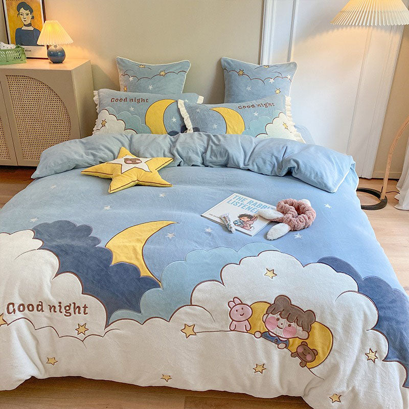Cute Cartoon four-piece winter Coral Velvet Winter Four-Piece Bed Set - Harmony Gallery