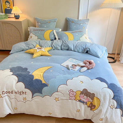 Cute Cartoon four-piece winter Coral Velvet Winter Four-Piece Bed Set - Harmony Gallery