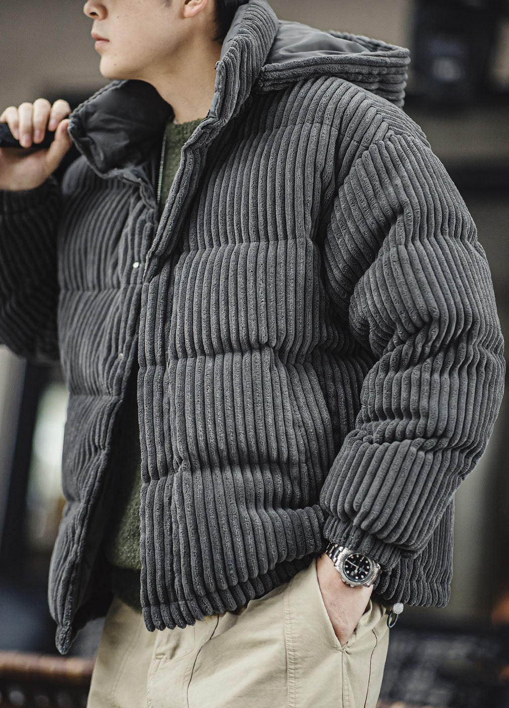 American Retro Corduroy Down Hooded Detachable Warm Men's Jacket - Harmony Gallery