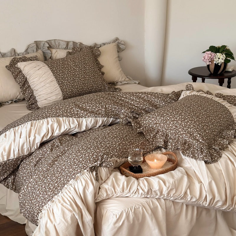 French Floral Princess Pure Cotton Pleated Skirt Four-Piece Bed Set - Harmony Gallery