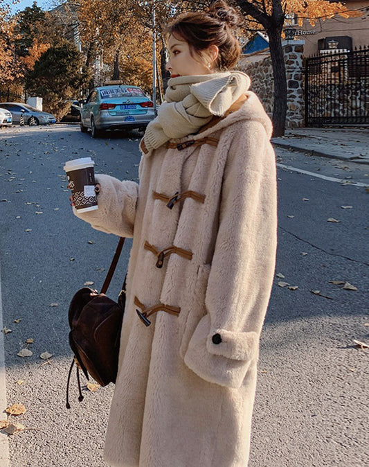 Horn Lamb Fur One-Piece Winter Hooded Cotton Women's Coat - Harmony Gallery