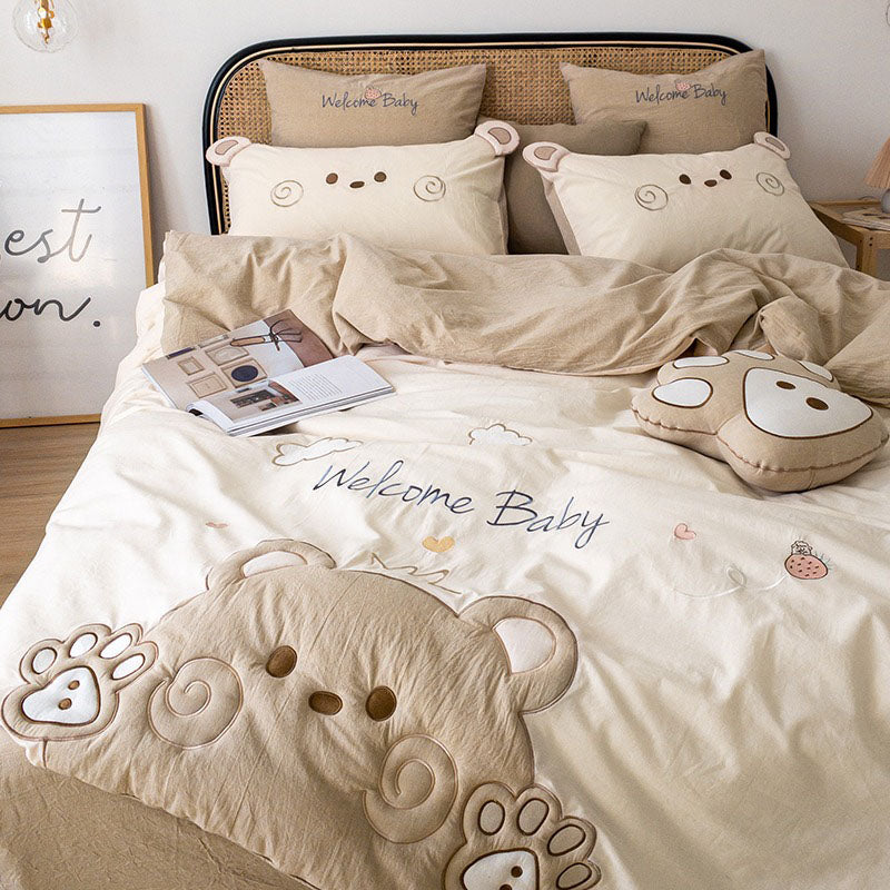 Cartoon Cute Bear Embroidered Pure Cotton Washed Four-Piece Bed Set - Harmony Gallery