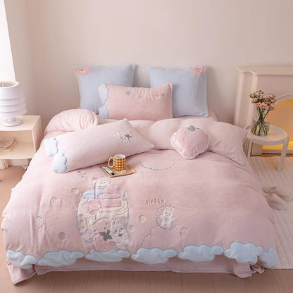 Cute Cartoon Rabbit Double-Sided Coral Velvet Warm Four-Piece Bed Set - Harmony Gallery