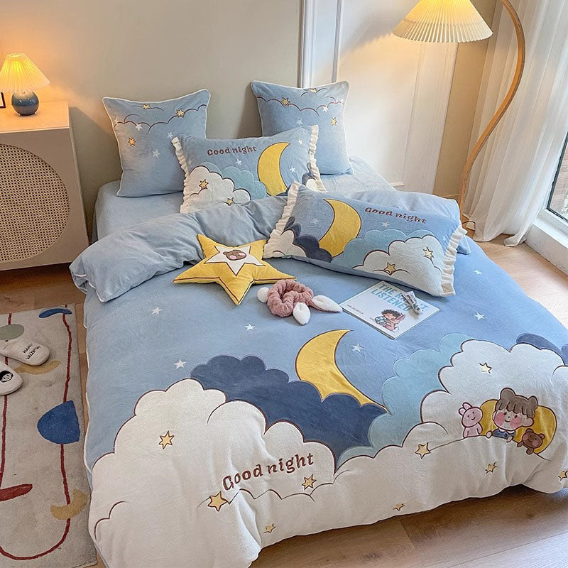 Cute Cartoon four-piece winter Coral Velvet Winter Four-Piece Bed Set - Harmony Gallery