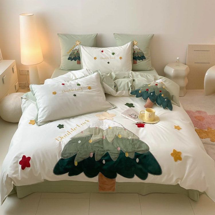 Wish Tree Brushed Towel Embroidered Cotton Warm Four-Piece Bed Set - Harmony Gallery