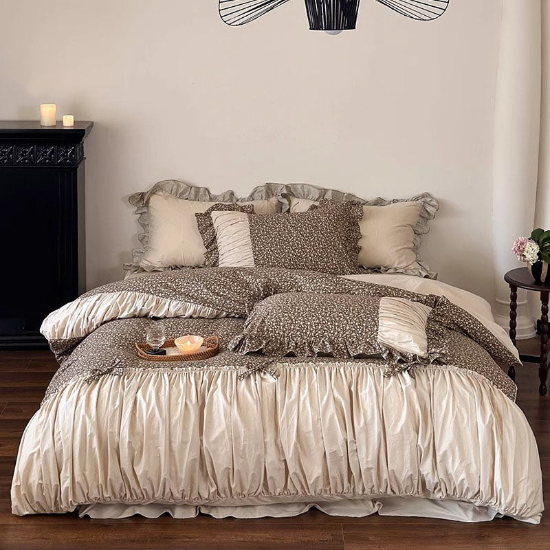 French Floral Princess Pure Cotton Pleated Skirt Four-Piece Bed Set - Harmony Gallery