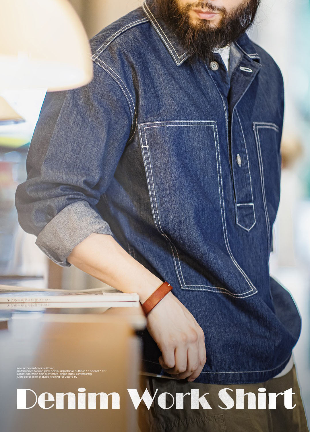 American Retro Workwear Half-Cardigan Denim Men's Sweater - Harmony Gallery