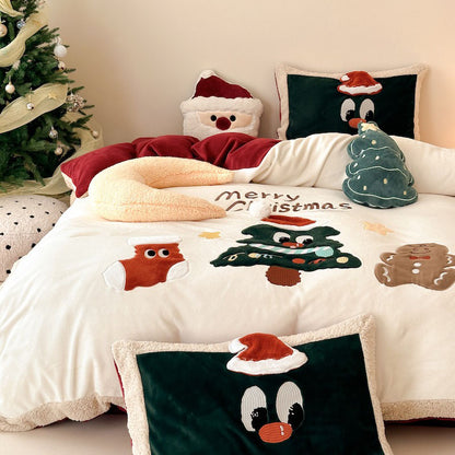 Christmas Tree Cartoon Thickened Warm Four-Piece Coral Velvet Bed Set - Harmony Gallery