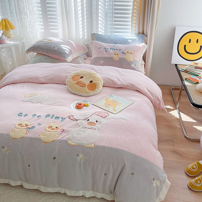Cute Cartoon four-piece winter Coral Velvet Winter Four-Piece Bed Set - Harmony Gallery