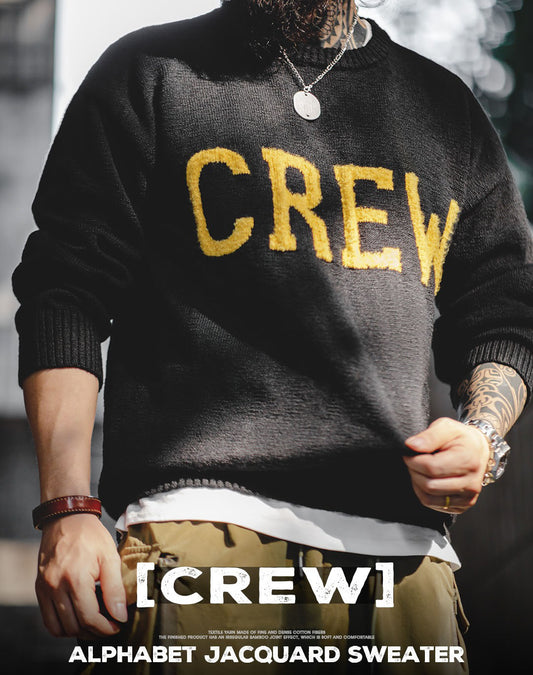 American Retro Workwear CREW Letter Woolen Men's Sweater - Harmony Gallery