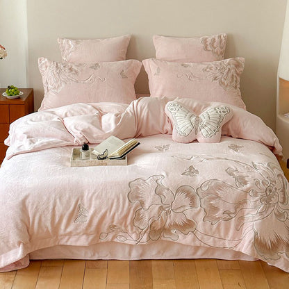 Heart Butterfly Embroidery Warm Coral Velvet Four-Piece Bed Set - Harmony Gallery