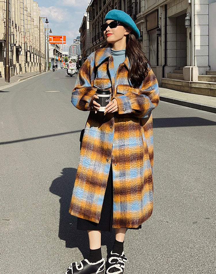 Retro Plaid Woolen Winter Hepburn Forest Velvet Thickened Women's Coat - Harmony Gallery