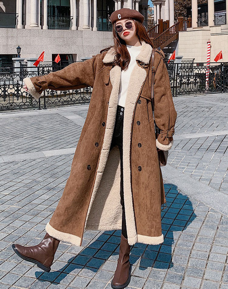 Suede Lamb Wool Cotton Winter Long Fur Integrated Women's Coat - Harmony Gallery