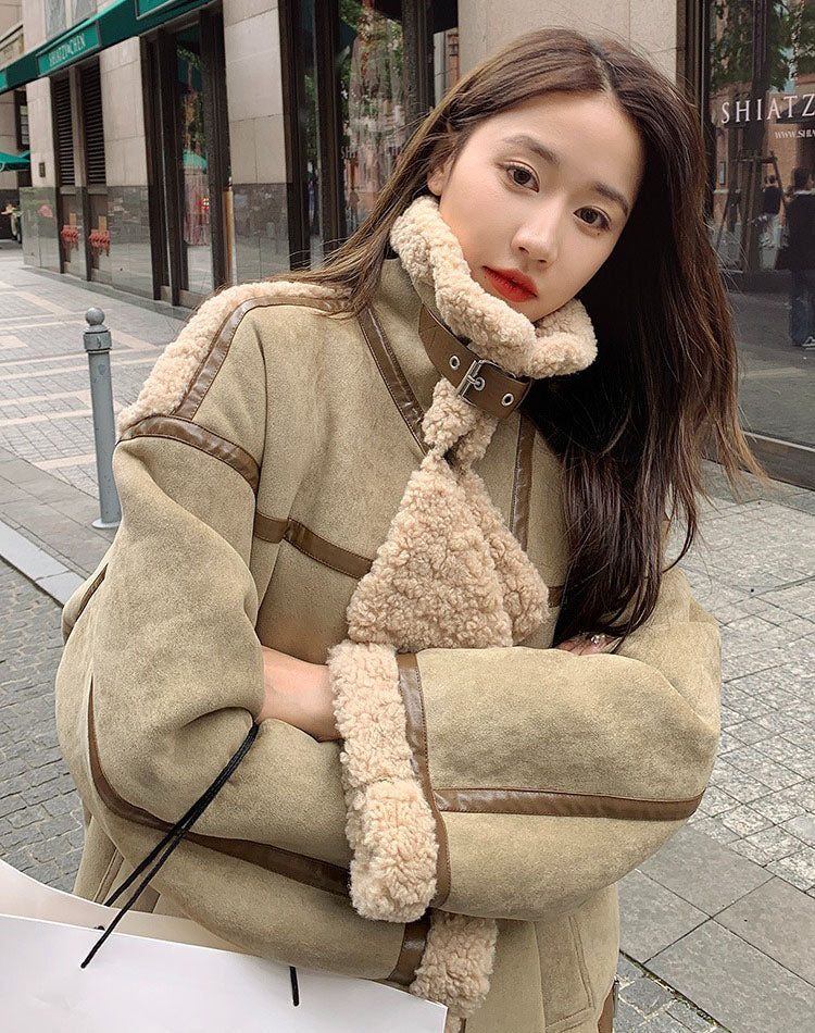 Lamb Wool Cotton Fur One-Piece Short Winter Suede Women's Coat - Harmony Gallery