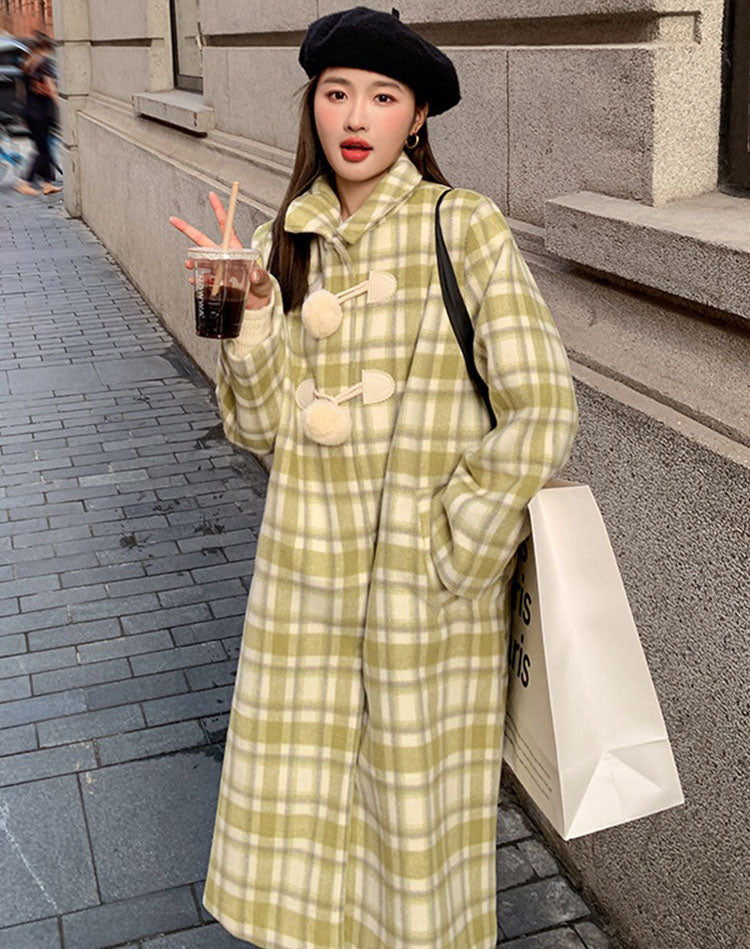Green Retro Plaid Woolen High-End Thickened Mid-Length Women's Coat - Harmony Gallery
