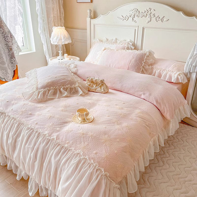 Princess Pleated Lace Winter Coral Velvet Warm Four-Piece Bed Set - Harmony Gallery