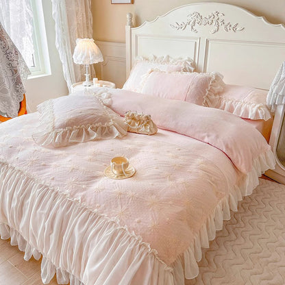 Princess Pleated Lace Winter Coral Velvet Warm Four-Piece Bed Set - Harmony Gallery