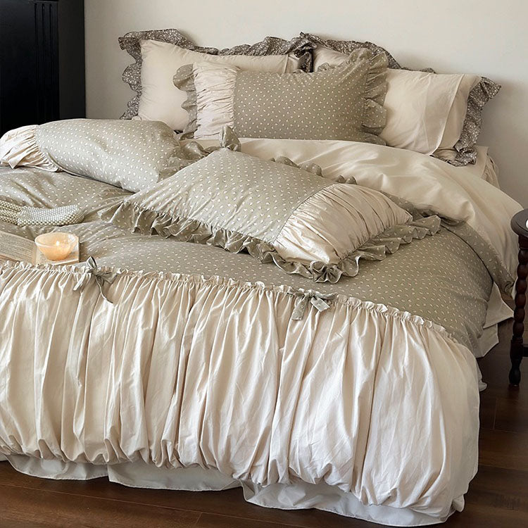 French Floral Princess Pure Cotton Pleated Skirt Four-Piece Bed Set - Harmony Gallery