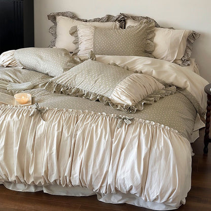 French Floral Princess Pure Cotton Pleated Skirt Four-Piece Bed Set - Harmony Gallery