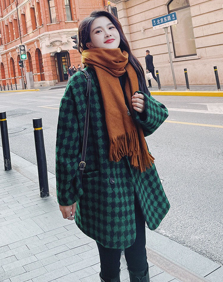 British Green Houndstooth Woolen Hot mid-length Women's Coat - Harmony Gallery