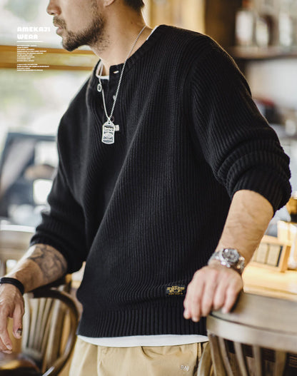 American Retro Knitted Henry vertical Striped Pullover Men's Sweater - Harmony Gallery