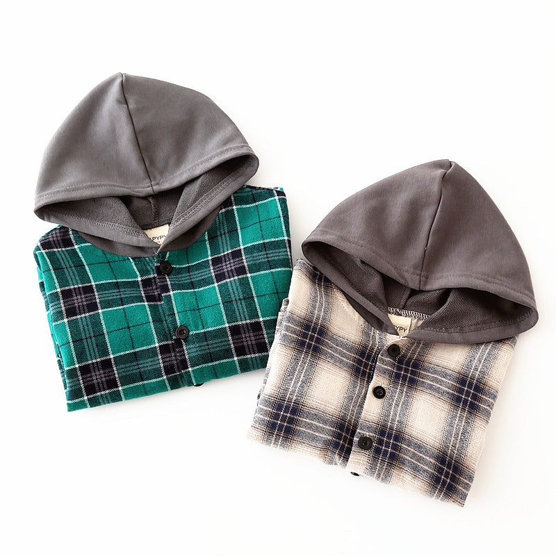 Plaid Hooded Cotton Casual Trendy Baby Boy's Shirt - Harmony Gallery