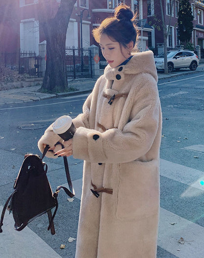 Horn Lamb Fur One-Piece Winter Hooded Cotton Women's Coat - Harmony Gallery
