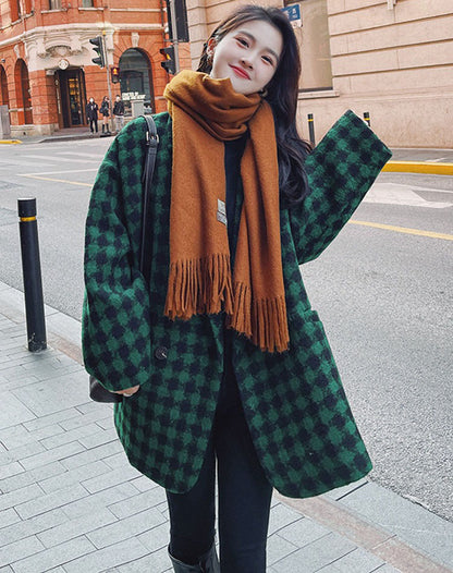 British Green Houndstooth Woolen Hot mid-length Women's Coat - Harmony Gallery