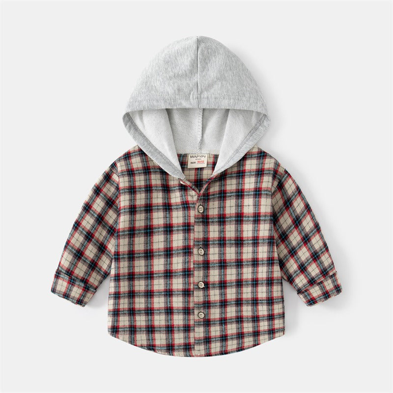 Autumn Plaid Long-Sleeved Hooded Baby Boy's Shirt - Harmony Gallery