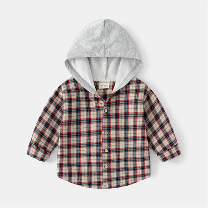 Autumn Plaid Long-Sleeved Hooded Baby Boy's Shirt - Harmony Gallery