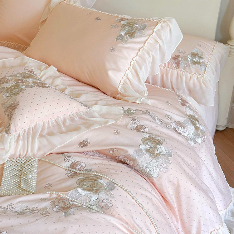 French Princess Cotton Floral Embroidery And Ruffles Four-Piece Bed Set - Harmony Gallery