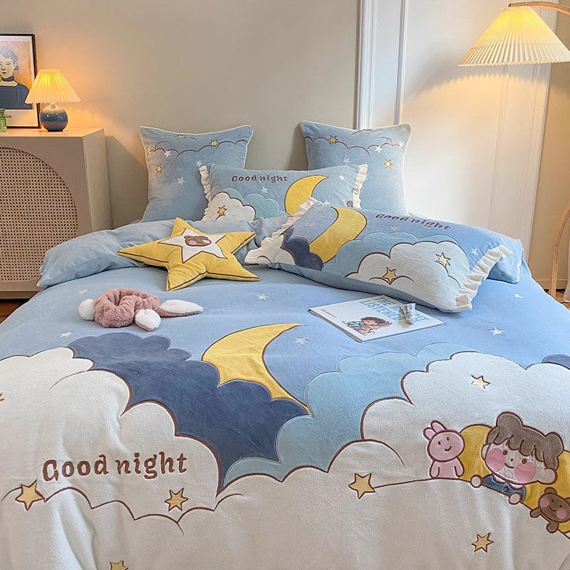 Cute Cartoon four-piece winter Coral Velvet Winter Four-Piece Bed Set - Harmony Gallery